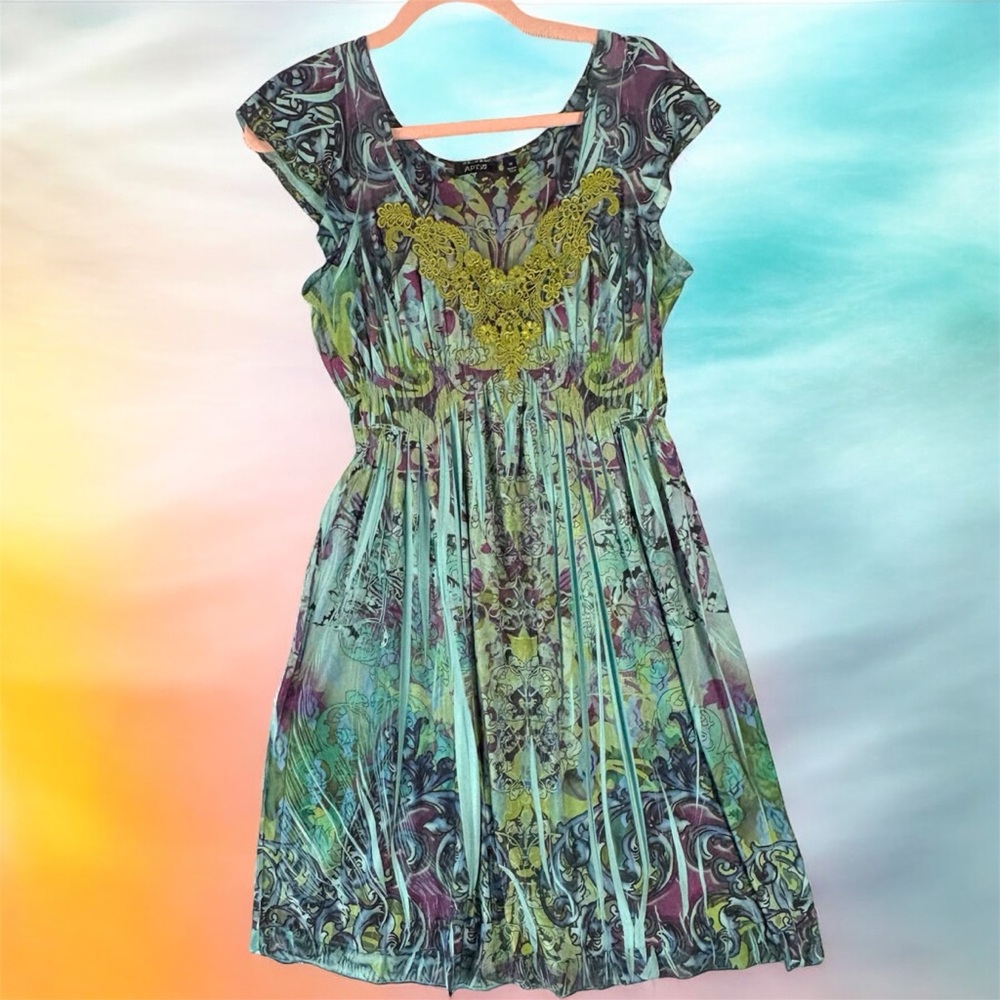 Apt. 9 Multicolor Print Green Lace Babydoll Women's Dress Medium Y2K Fairycore - Picture 2 of 6